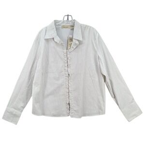 Analogy Women XL Blouse Top Long Sleeve Ruffled White Striped Stretch Preppy NWT